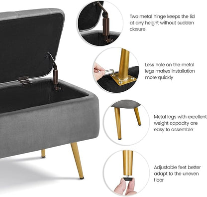 Yaheetech Ottoman with Storage 2pcs, Velvet Entryway Bench with Safety Hinge, Upholstered Bench with Seating for Bedroom, Living Room, Holds up to 519 lb, Gray