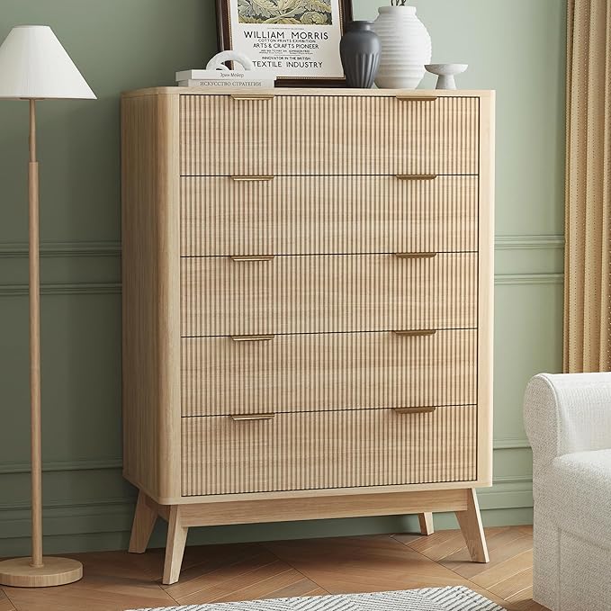 SUNWAVE Fluted 5 Drawer Dresser for Bedroom, 43.3" Tall Dressers with Round Corner, Mid-Century Modern Wood Chest for Living Room, Entry