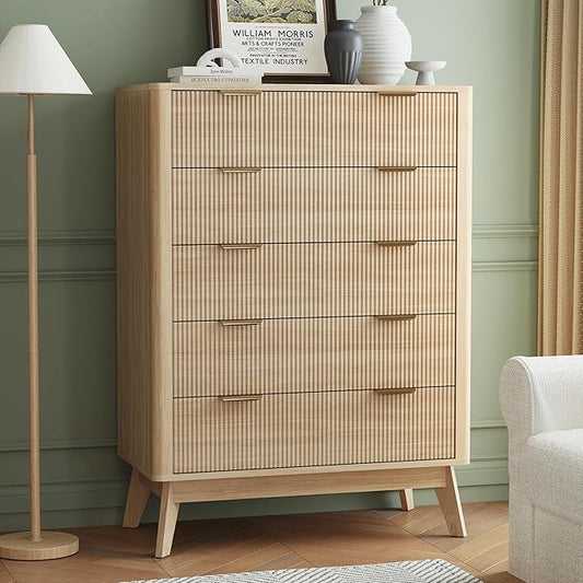SUNWAVE Fluted 5 Drawer Dresser for Bedroom, 43.3" Tall Dressers with Round Corner, Mid-Century Modern Wood Chest for Living Room, Entry