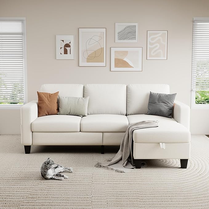 Sectional Sofa and Couches for Living Room, 78'' Beige 3 Seat L-Shaped Couch with Movable Ottoman, Comfy Fabric Convertible Sectionals Sofas with Chaise for Apartment, Office, Small Space