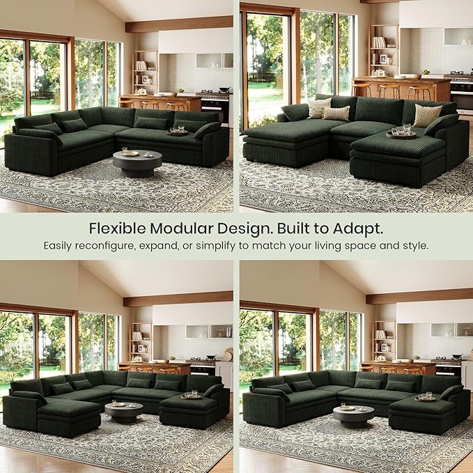 Belffin Large Modular Sectional Sofa with Deep Chaise, 104" Corduroy L Shaped Couch with 9" Soft Dual-Layer Seats Cushion for Living Room, Apartment, Green