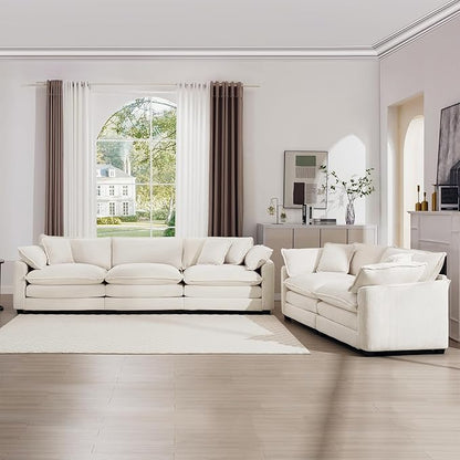 mikibama Luxury 2 Piece Sofa Set, 3-Seater & Loveseat Couch Set, Modern Corduroy Comfy Cloud Couches Set for Living Room Office with 4 Armrest Pillows and 5 Toss Pillows, Beige