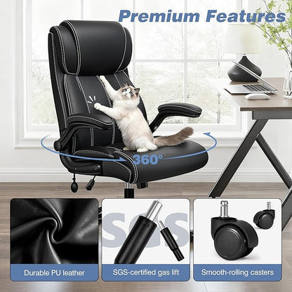 Ergonomic Office Chair - Desk Computer Chair, Leather High Back Executive Chairs with Adjustable Lumbar Support & Flip Up Arms, Rocking, Black
