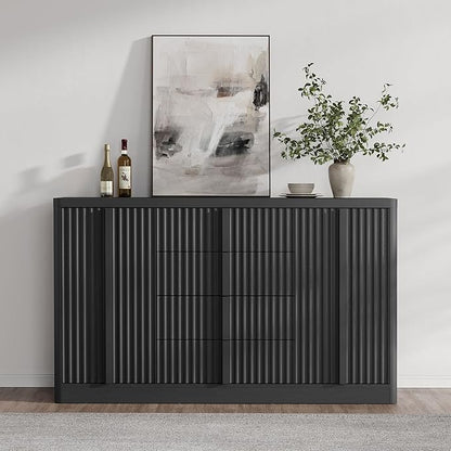 Buffet Cabinet with Storage, 60" Fluted Sideboard with 4 Drawers & 2 Door–Modern Accent Buffet Cabinet with Adjustable Shelves, Credenza Storage Cabinet for Kitchen, Dining, Living Room,Black(1PC)