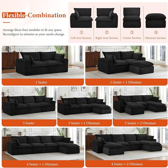 108" Sectional Couches for Living Room Boneless Couch Upholstered Cloud Couch Sectional Modular Sectional Sofa with L Shaped (Corduroy-Black, 3 Seat+2 Ottoman)