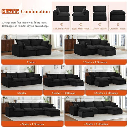 108" Sectional Couches for Living Room Boneless Couch Upholstered Cloud Couch Sectional Modular Sectional Sofa with L Shaped (Corduroy-Black, 3 Seat+2 Ottoman)