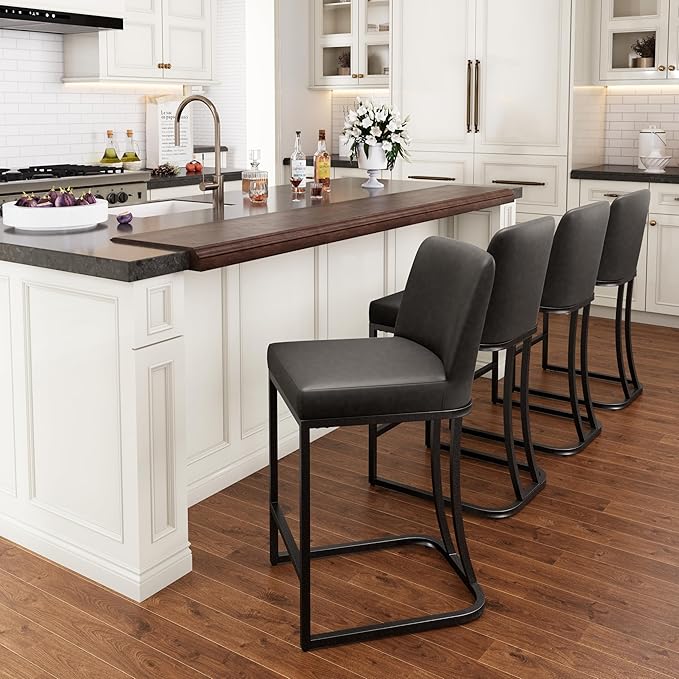 PHI VILLA Dark Grey Bar Stools Set of 2, Faux Leather Counter Height Chairs, Kitchen Stools for Island, 24 Inch Barstools with Back