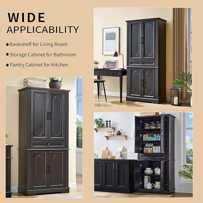 71" Black Tall Pantry Cabinet with Drawer and Adjustable Shelves, Modern Storage Cabinet with Doors, Kitchen Buffet Cabinet, Food Pantry Storage Cabinet, Coffee Bar, Living Room and Dining Room