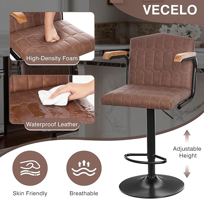 VECELO Bar Stools Set of 4, Adjustable Upholstered Swivel Barstools, Modern Counter Height Bar Stools with Back and Footrest, Island Chairs for Kitchen, Dining Room, Bar