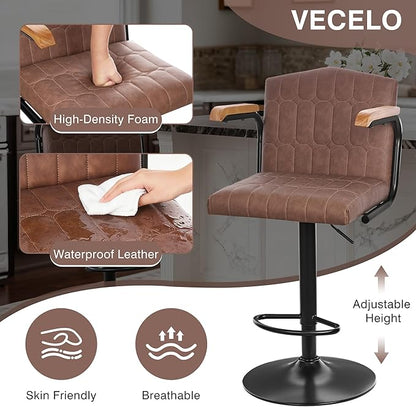 VECELO Bar Stools Set of 4, Adjustable Upholstered Swivel Barstools, Modern Counter Height Bar Stools with Back and Footrest, Island Chairs for Kitchen, Dining Room, Bar