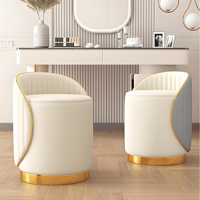 Swivel Round Vanity Stool - with Back Modern Comfy Vanity Chair/upholstered Ottoman Living Room Bedroom Makeup Chair,Brown