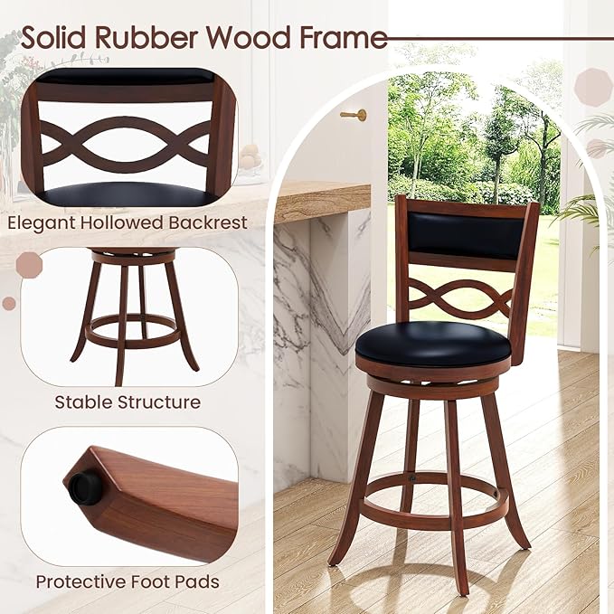 COSTWAY Bar Stools Set of 2, 24.5” Counter Height Stools with Rubber Wood Frame, Faux Leather Upholstered Seat and Backrest, Swivel Barstools for Kitchen Island, Pub, Brown (2, Seat Height: 24.5”)