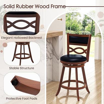 COSTWAY Bar Stools Set of 2, 24.5” Counter Height Stools with Rubber Wood Frame, Faux Leather Upholstered Seat and Backrest, Swivel Barstools for Kitchen Island, Pub, Brown (2, Seat Height: 24.5”)