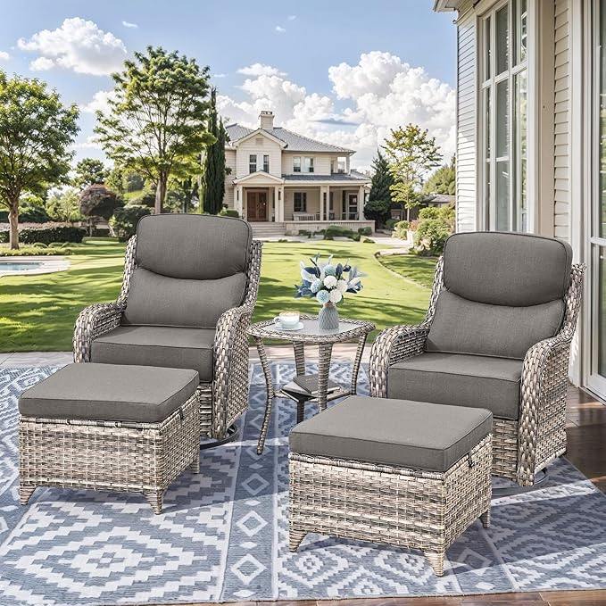 HUMMUH Outdoor Patio Wicker Swivel Rocker Chairs Set of 2 with 6-Inch Thick Cushion High Back Wicker Conversation Set for Porch Balcony Deck