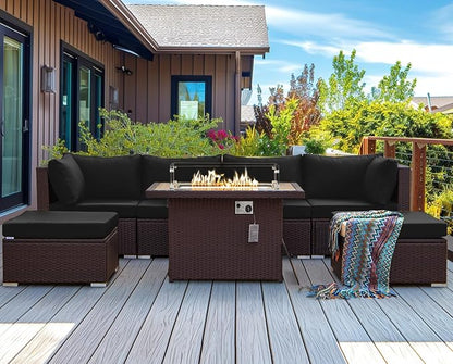 NICESOUL 29.3'' High Back Patio Set with Firepit Propane & Natural Gas, 7 Piece Oversized Large Wicker Outdoor Sectional Couche Sets, Heavy Duty Backyard Furniture, Brown Rattan and Black Cushion