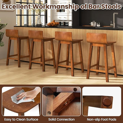 COSTWAY Solid Wood Bar Stools Set of 2, 24.5-inch Counter Height Chairs with Low Back and Footrest, Farmhouse Wooden Armless barstools for Kitchen Island, Dining Room, Cafe, Breakfast, Brown
