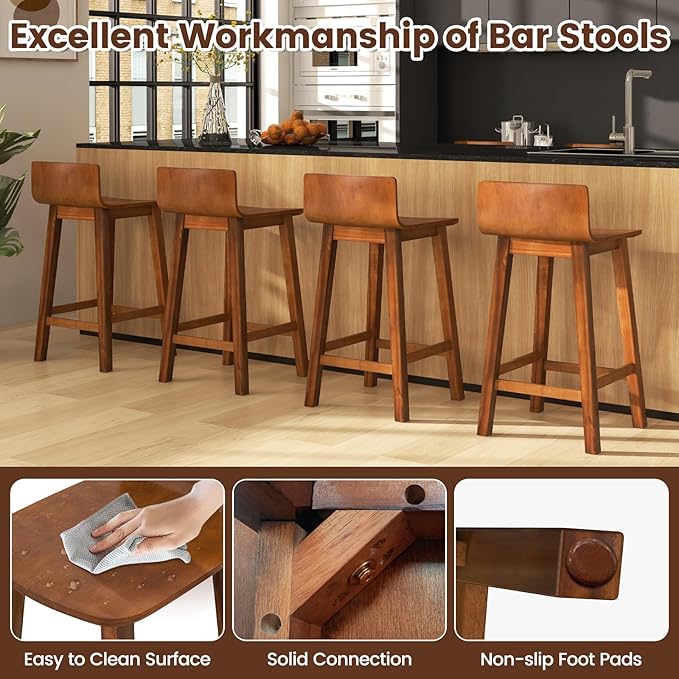 COSTWAY Solid Wood Bar Stools Set of 4, 24.5-inch Counter Height Chairs with Low Back and Footrest, Farmhouse Wooden Armless barstools for Kitchen Island, Dining Room, Cafe, Breakfast, Brown