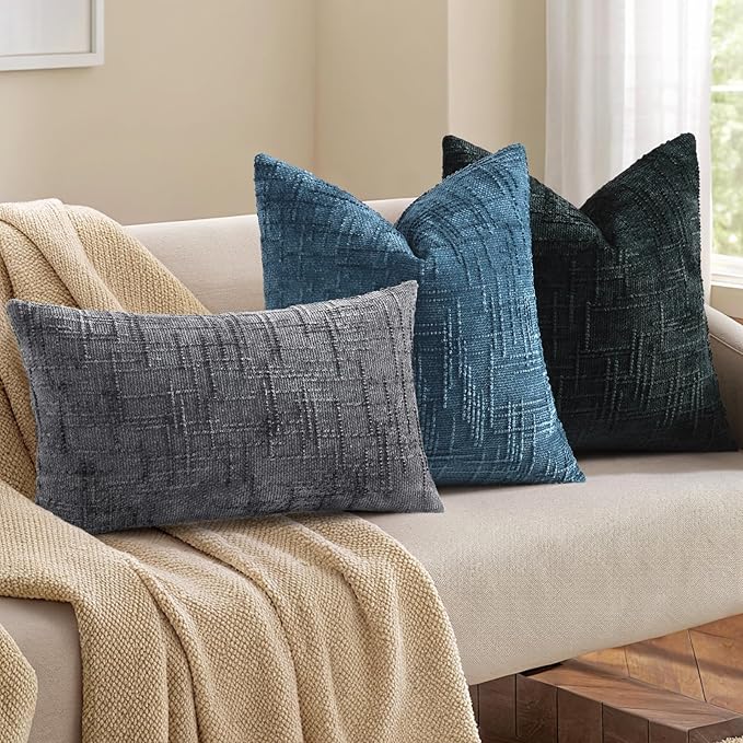 decorUhome Black Chenille Throw Pillow Covers 12x20 Set of 2 Thick Textured Slubby Couch Pillow Covers Farmhouse Accent Modern Neutral Decorative Pillow Cases for Bed Sofa Living Room