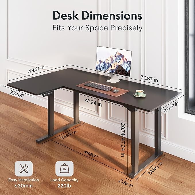 FLEXISPOT 4-Leg L-Shaped Standing Desk, 71 x 43 Inches Electric Height Adjustable Desk with Memory Controller, 220lb Load Capacity, Reversible L/R Corner Desk for Home Office, Gaming & Study, Black