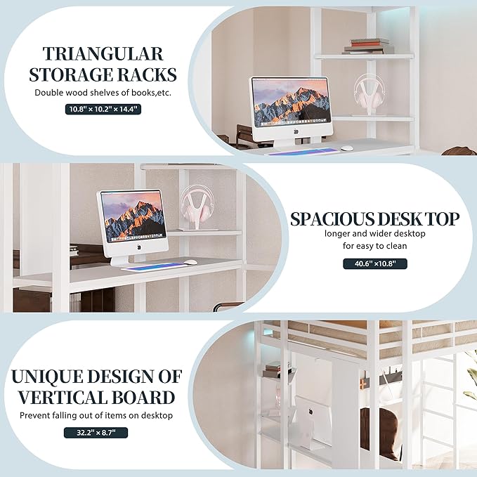 SUNLEI Metal Twin Loft Bed with Desk, Twin Size Loft Bed with 2 Built-in Ladders & Safety Guard, Noise Free for Small Bedroom, Matte White