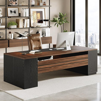 LITTLE TREE 78.7 Inches Modern Executive Desk with File Cabinet, Extra Large L Shaped Home Office Desk with Drawers, Professional Spacious Workstation for Home Office (Brown & Black)