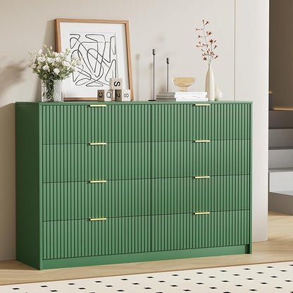 Green Dresser for Bedroom, Modern Dresser with 8 Drawers and Smooth Slides, Wide Chest of Drawers with Golden Handles for Bedroom, Closet, 15.7" D x 55" W x 37.4" H
