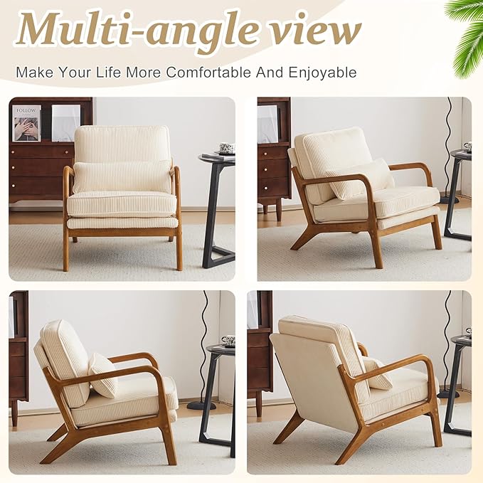 VINGLI Upgraded Premium Corduroy Accent Chairs Set of 2,Upholstered Arm Chair,Solid Wood Comfy Reading Chair with Pillow, Mid Century Modern Chairs for Living Room,Bedroom,Beige