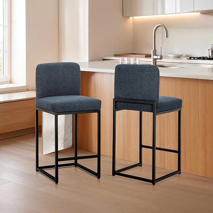 ALPHA HOME 24" Bar Stools Set of 4 Kitchen Counter Stools with Back, Counter Height Stools with Upholstered Footrest for Kitchen Island, Metal Steel Frame, Chenille, Blue
