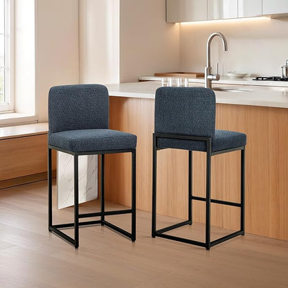 ALPHA HOME 24" Bar Stools Set of 4 Kitchen Counter Stools with Back, Counter Height Stools with Upholstered Footrest for Kitchen Island, Metal Steel Frame, Chenille, Blue