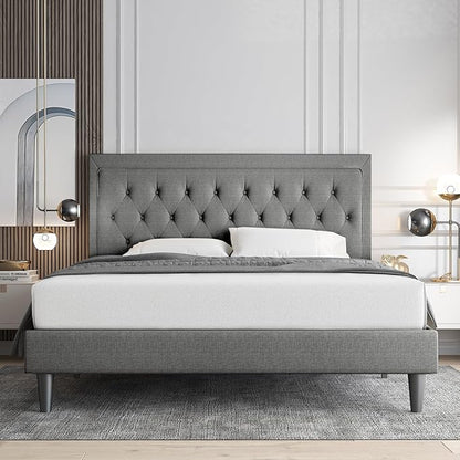Allewie Full Size Upholstered Platform Bed Frame with Adjustable Headboard, Button Tufted, Wood Slat Support, Easy Assembly, Light Grey