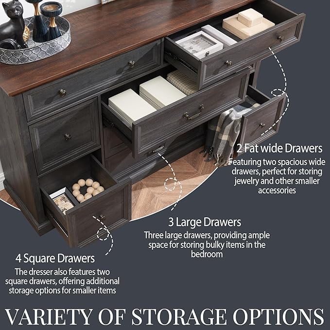 Farmhouse 9 Drawers Dresser for Bedroom, 60" Wide Wood Rustic Chest of Drawers, Large Storage Dressers Organizer for Bedroom, Living Room, Hallway, Dining Room, Dark Grey