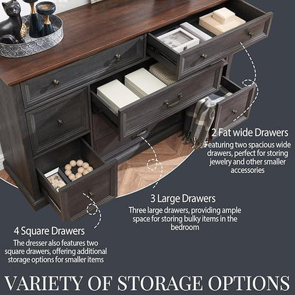 Farmhouse 9 Drawers Dresser for Bedroom, 60" Wide Wood Rustic Chest of Drawers, Large Storage Dressers Organizer for Bedroom, Living Room, Hallway, Dining Room, Dark Grey