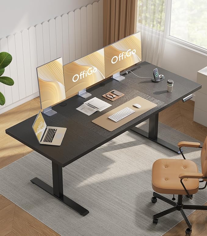 OffiGo Electric Standing Desk with 3-Piece Board, 79 Inch Height Adjustable Large Desk with Power Outlets, Sit Stand Table, Writing Computer Desk for Home, Office, Workstation, Black