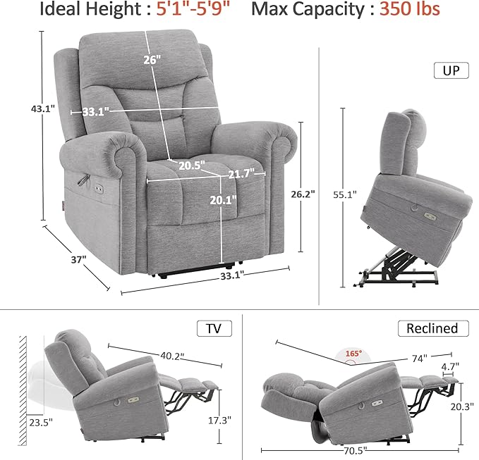 MCombo Triple Motor Power Lift Recliner Chair with Massage and Lumbar and seat Heating, Rolled Arms, Adjustable Headrest for Elderly People, Fabric 7888 (Grey, Medium)