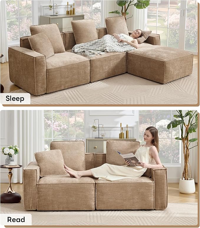 WILLOVE Modular Sectional Sofa Set, Chenille Cloud Couch with Wide Armrests & 8 Pillows, Deep Seat Couches for Living Room, 4-Seater Khaki