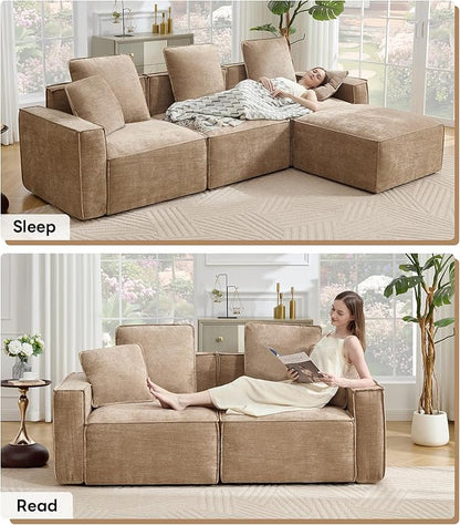 WILLOVE 141'' Modular Sectional Sofa, Chenille Cloud Couch with Wide Armrests & 6 Pillows, Deep Seat Couches for Living Room, Khaki