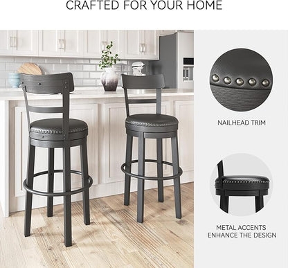 Signature Design by Ashley Valebeck Tall Upholstered Swivel Bar Stool with 360-Degree Swivel and Nailhead Trim, Faux Leather, 30" Seat Height, Black Finish