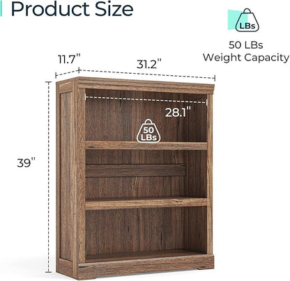 LINSY HOME 3-Tier Bookcase Display Storage Shelves Farmhouse Bookshelf for Home Office, Living Room, Bed Room - Dark Brown