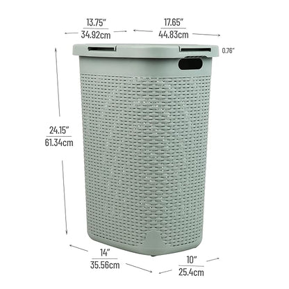 Mind Reader Slim Laundry Hamper with Lid, 60L Clothes Basket, Premium Wicker Design, Plastic, Mint