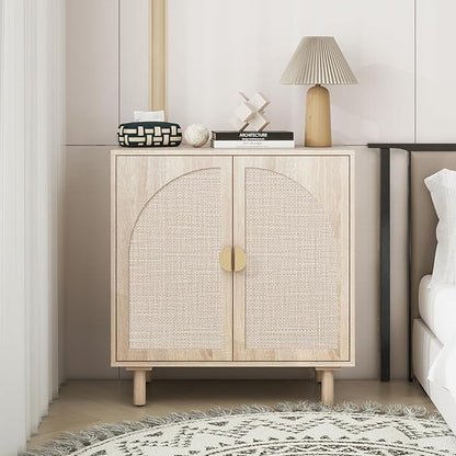 Beige Sideboard Cabinet with 2 Rattan Doors, Rattan Buffet Cabinet with Adjustable Shelves & Pine Legs, Boho Sideboard Buffet for Living Room, Kitchen, Entryway (Beige,1 PCS)