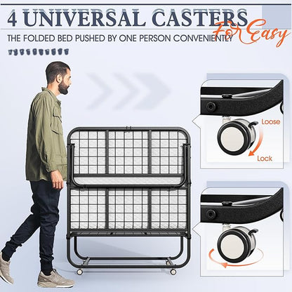 INTERGREAT Folding Bed, 75" x 31"Cot Size Portable Folding Beds for Adults, Metal Foldable Bed on Wheels for Guest, Space Saving Roll Away Beds for Easy Storage