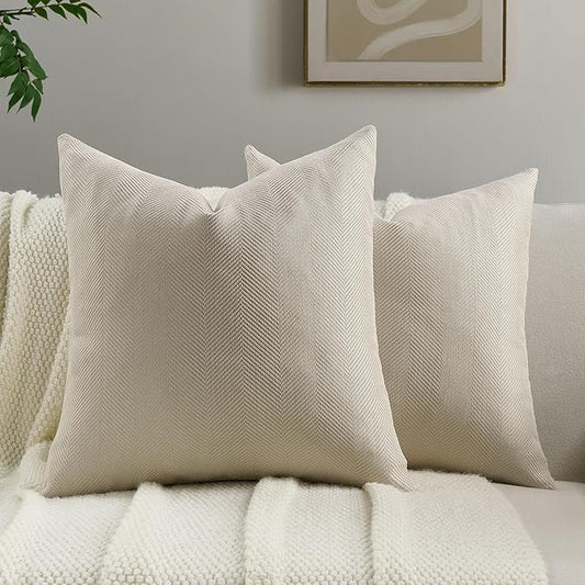 FUTEI Beige Chenille Throw Pillow Covers 24x24 Inch Set of 2,Soft Wide Chevron Textured European Pillow Shams,Farmhouse Home Decor for Couch Bed Living Room