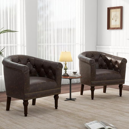 Pia Ricco Faux Leather Barrel Accent Chair, Comfy Club Armchair with Solid Wood Legs, Nailhead Trim Upholstered Single Sofa Chair for Living Room Bedroom/Reading Room, Chocolate, Set of 2