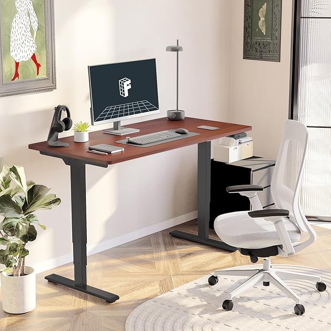 FLEXISPOT E6 3 Stages Dual Motor Electric Standing Desk 55x28 Inch Whole-Piece Board Height Adjustable Electric Sit Stand Desk(Black Frame + Mahogany Desktop, 2 Packages)
