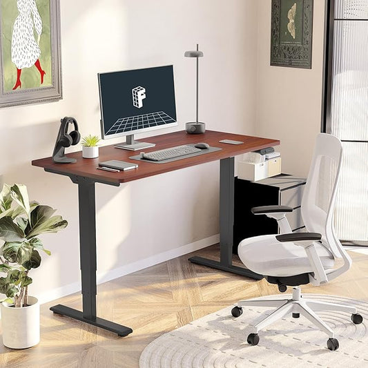 FLEXISPOT E6 3 Stages Dual Motor Electric Standing Desk 55x28 Inch Whole-Piece Board Height Adjustable Electric Sit Stand Desk(Black Frame + Mahogany Desktop, 2 Packages)