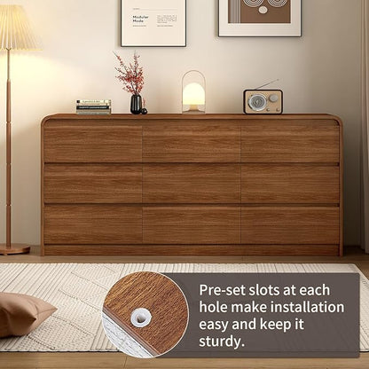 9 Drawer Dresser For Bedroom 63 Inch Wooded Chest of Drawers - Curved Anti Collision, Mid Century Dresser For Closet with Natural Texture & Pre-Embedded Slots for TV Stand, Living Room, Hallway