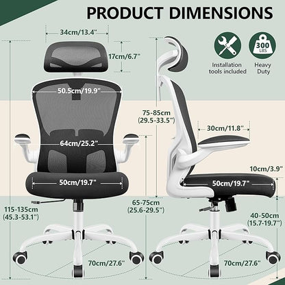 FelixKing Office Chair with Headrest, Home Office Desk Chairs with Flip-Up Armrests, Adjustable Height Ergonomic Office Chair Lumbar Support, Mesh Backrest Computer Chair (White)