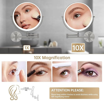 Hasipu 10-Inch Wall Mounted Makeup Mirror with Magnification, Rechargeable 3000 mAh Vanity Mirror with Lights, Bathroom Mirror with Dimmable Brightness, 3 Lighting Modes, Extendable Arm, Nickel