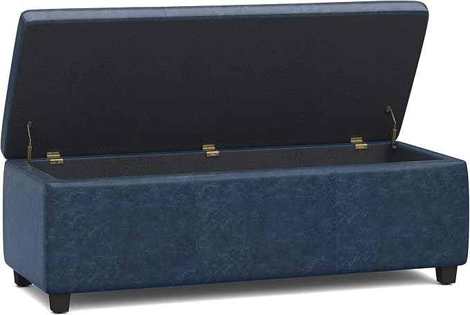 SIMPLIHOME Avalon Storage Ottoman Bench - 48 inch Wide Upholstered Vegan Leather Rectangular Lift-Top Ottoman in Denim Blue, Contemporary Storage Bench for Living Room with High-Density Foam