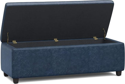 SIMPLIHOME Avalon Storage Ottoman Bench - 48 inch Wide Upholstered Vegan Leather Rectangular Lift-Top Ottoman in Denim Blue, Contemporary Storage Bench for Living Room with High-Density Foam